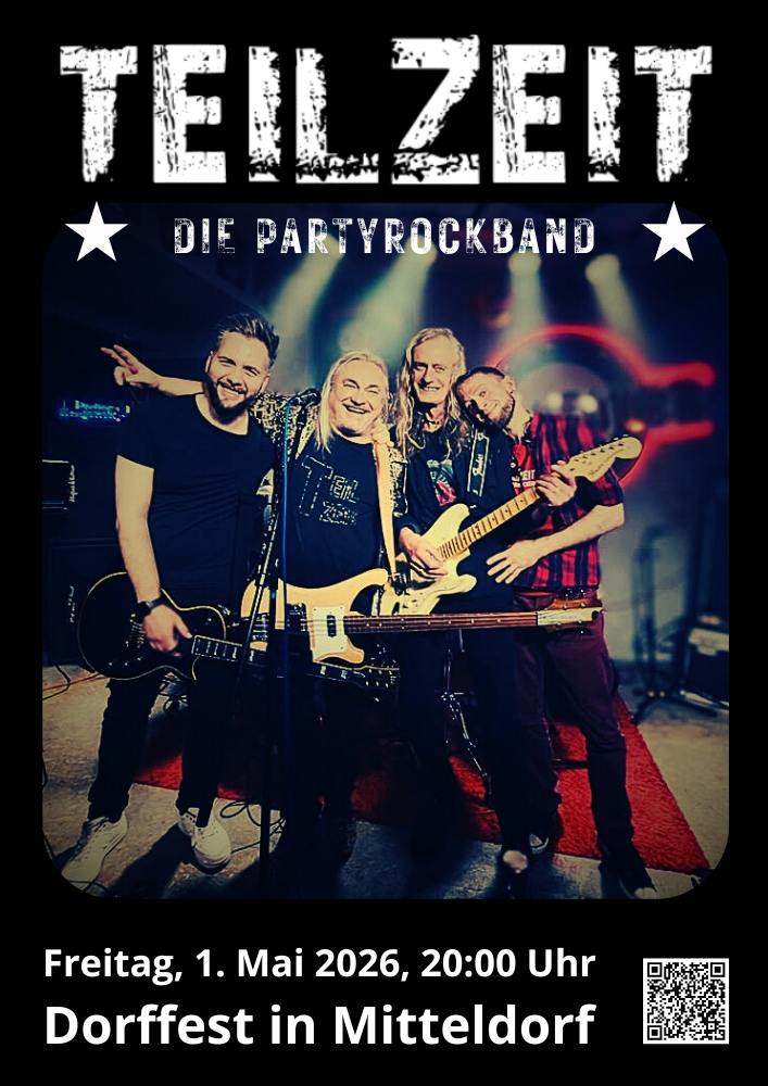 Teilzeit - die Partyrockband aus Chemnitz, am 1. Mai 2026 live bei uns in Mitteldorf